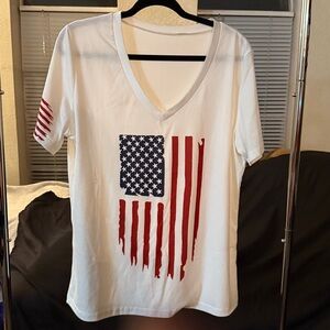 White V-Neck T-Shirt with American Flag Design